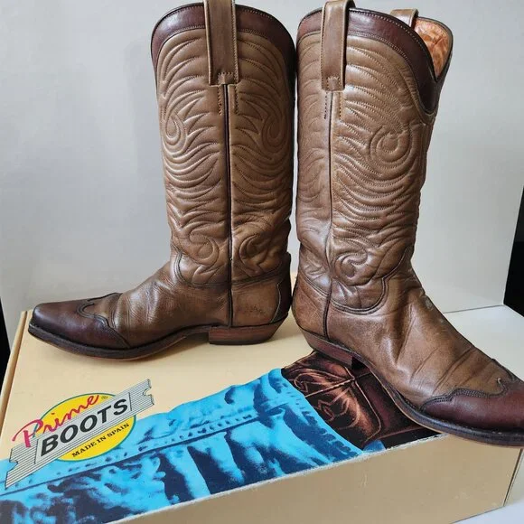 Genuine Leather Cowboy Western Boots Brown Taupe Made In Spain size 37 - Picture 4 of 14